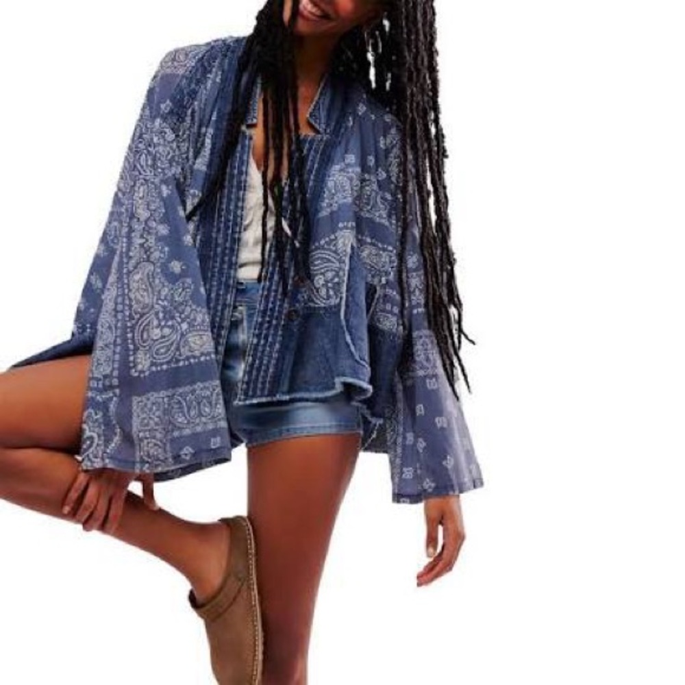 Free People Indigo Paisley Blouse Bandana Dreams Kimono